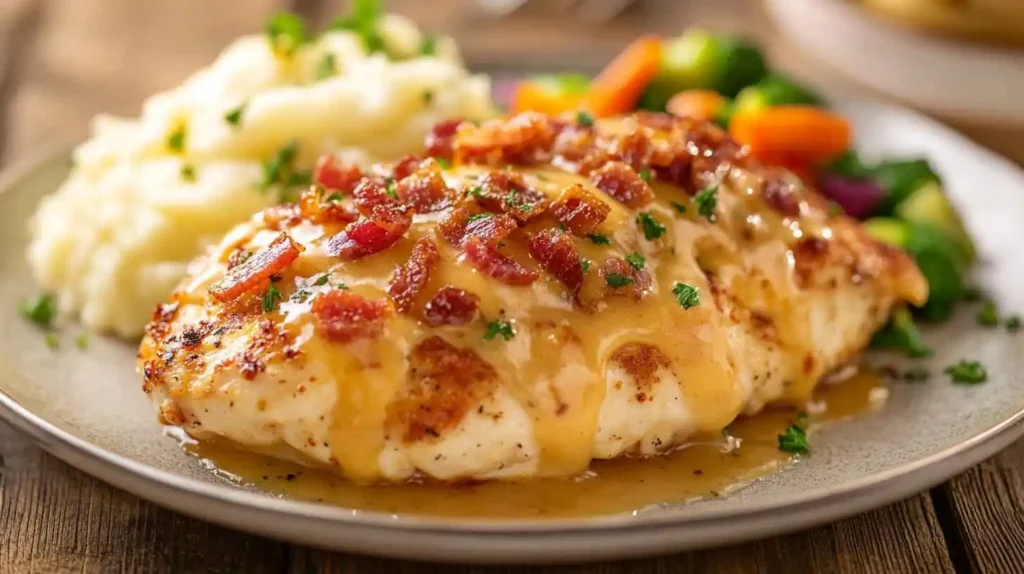 A plate of Alice Springs Chicken topped with crispy bacon, melted cheddar cheese, and honey mustard sauce, served with a side of mashed potatoes and steamed vegetables.