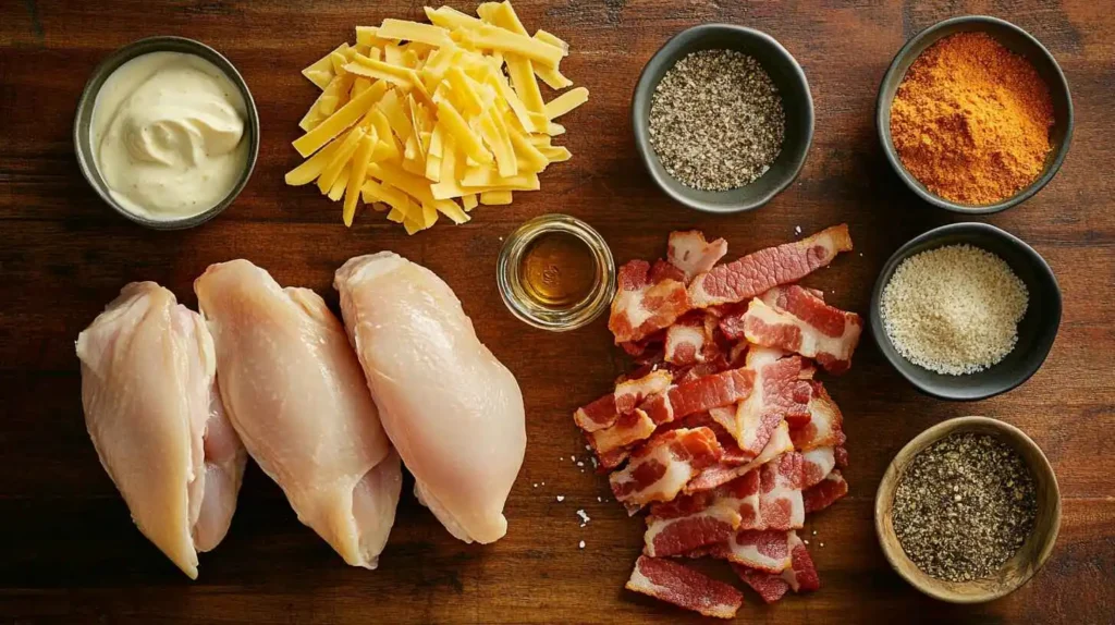 A flat lay of ingredients for Alice Springs Chicken, including raw chicken breasts, bacon strips, shredded cheddar cheese, honey, Dijon mustard, mayonnaise, and seasonings.