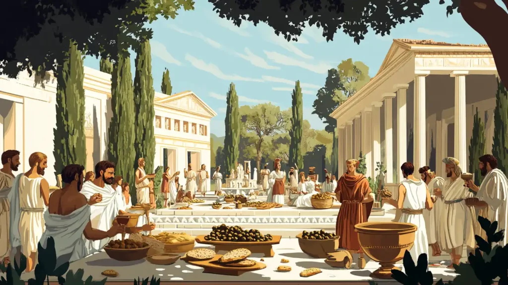 A depiction of an ancient Greek banquet with people enjoying bread, olives, wine, and seafood.