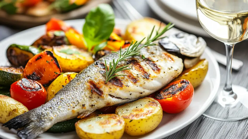 A beautifully plated Branzino fillet with roasted potatoes, grilled vegetables, and a white wine pairing.