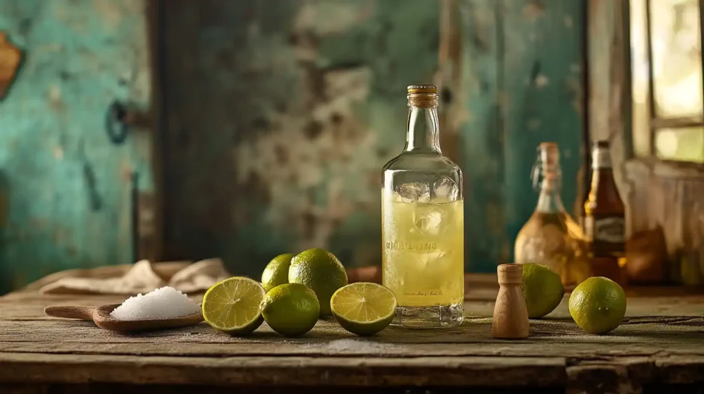Fresh limes, granulated sugar, and a bottle of cachaça on a wooden cutting board.