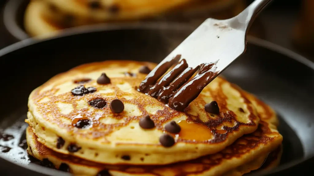 A non-stick skillet with golden brown chocolate chip pancakes being flipped with a spatula.