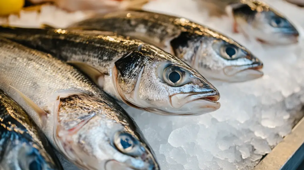 A whole Branzino with golden, crispy skin grilling over an open flame, garnished with herbs.