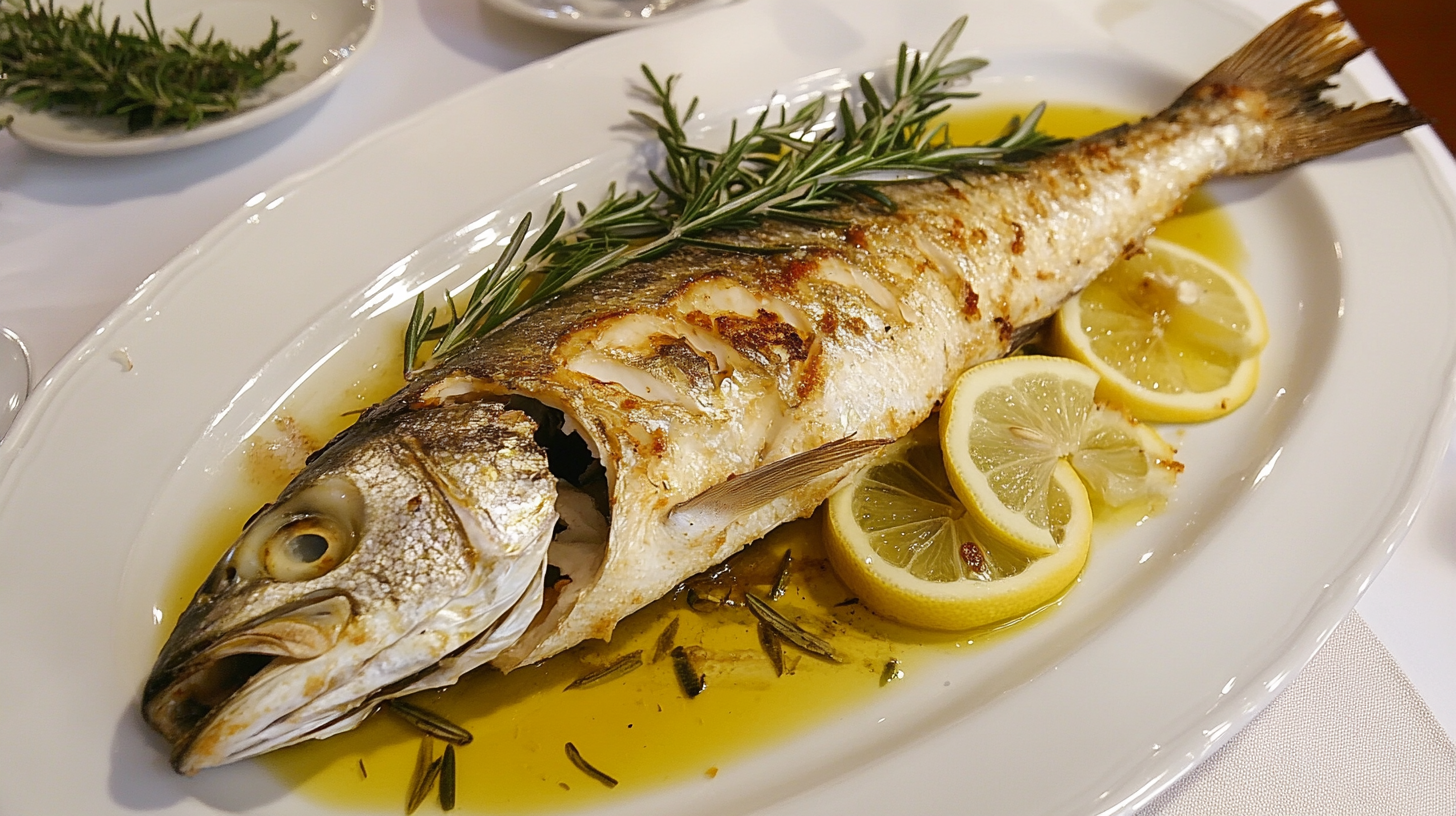 A beautifully plated whole Branzino, garnished with fresh herbs, lemon slices, and a drizzle of olive oil.