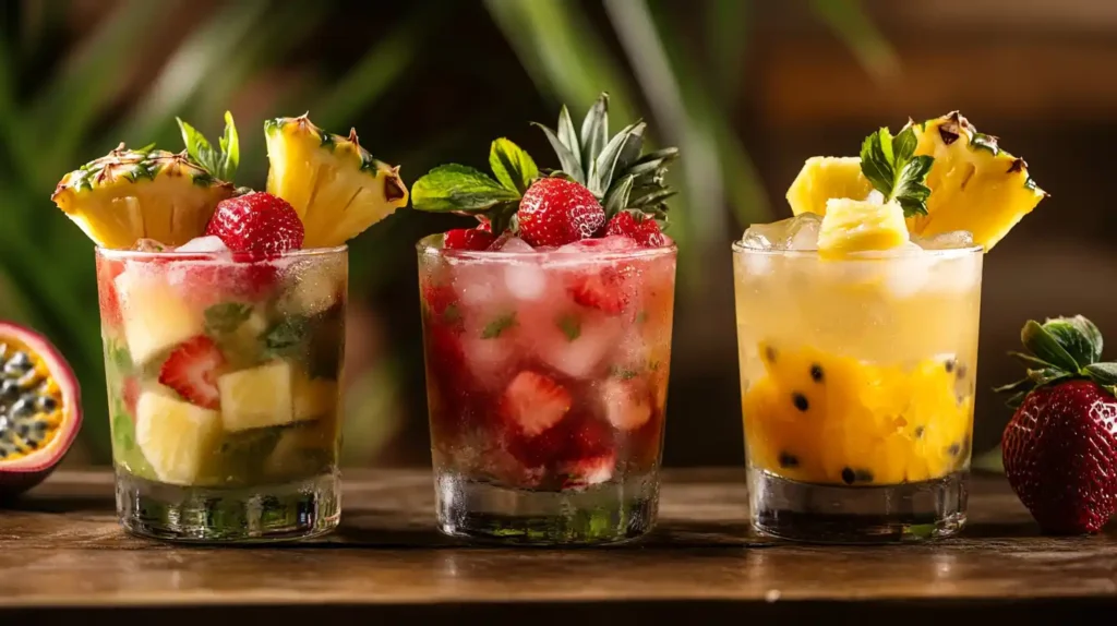 Three glasses of Caipirinha with strawberry, passion fruit, and pineapple variations.