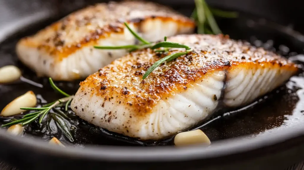 A golden-brown pan-seared rockfish fillet in a cast-iron skillet with butter and fresh herbs.