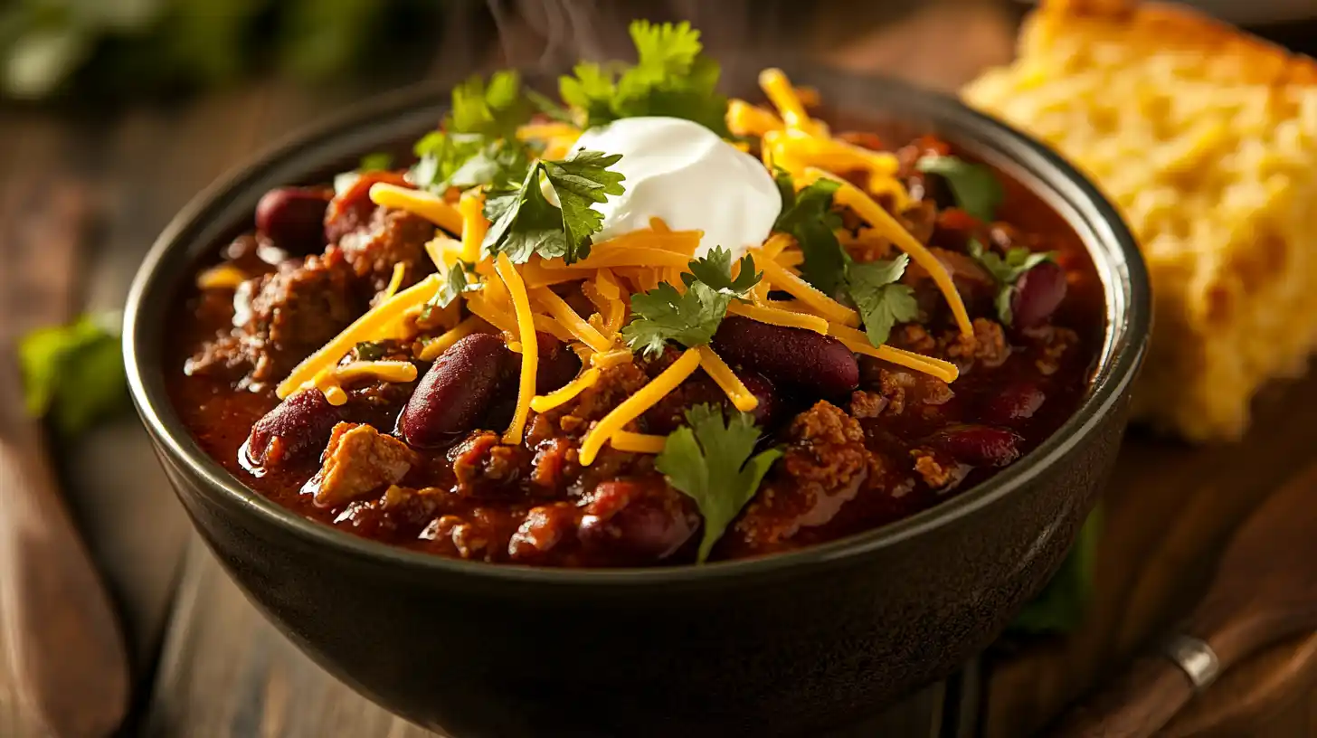 A bowl of smoked chili garnished with fresh cilantro and sour cream, served with cornbread on the side.