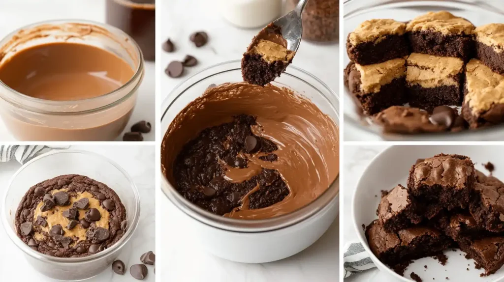 A collage showing each step in the brookie-making process, from mixing batters to baking in the oven.