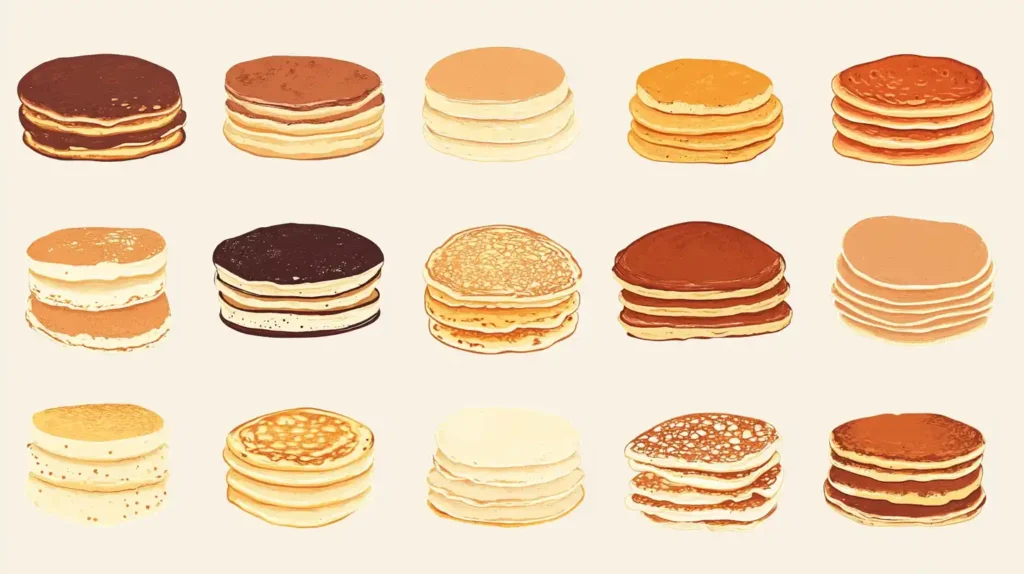 Various types of pancakes from different cultures, including American-style fluffy pancakes, French crêpes, and ancient-style flatbreads.