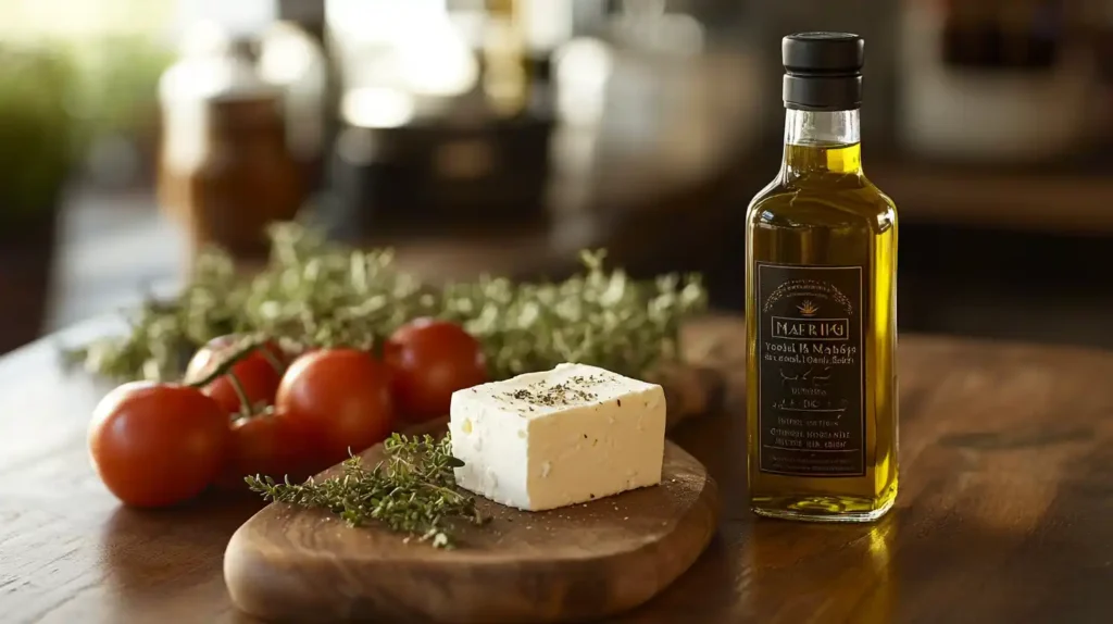 A rustic kitchen setup featuring a bottle of Greek olive oil, fresh feta cheese, oregano, and ripe tomatoes.