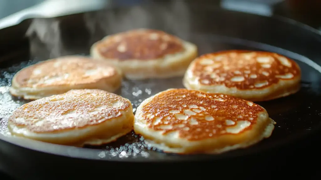 Sourdough pancake batter sizzling on a cast-iron griddle, forming golden edges and air bubbles.