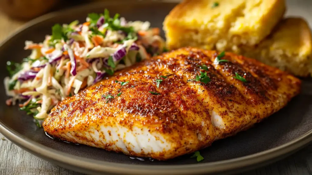 A plate of Cajun-spiced baked rockfish fillets with a side of coleslaw and cornbread.