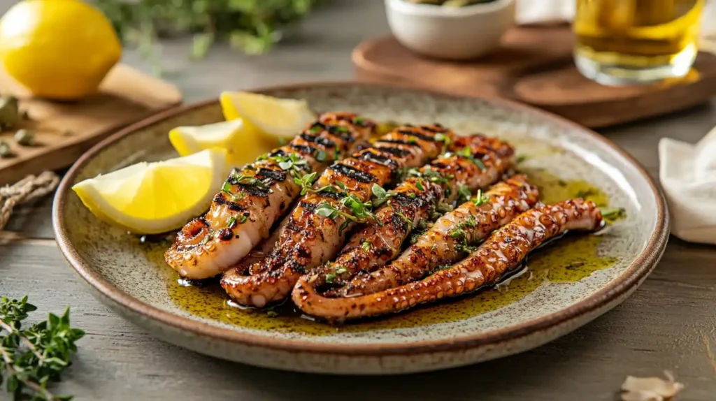 A plate of tender, grilled octopus drizzled with olive oil, garnished with fresh herbs and served with lemon wedges.