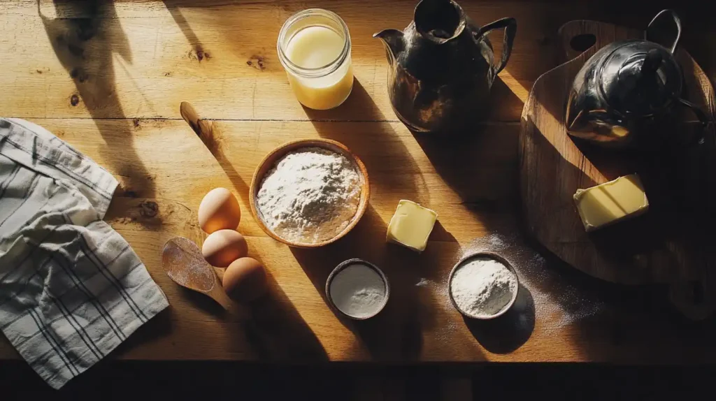A flat lay of essential pancake ingredients, including flour, eggs, buttermilk, sugar, baking powder, and vanilla extract.