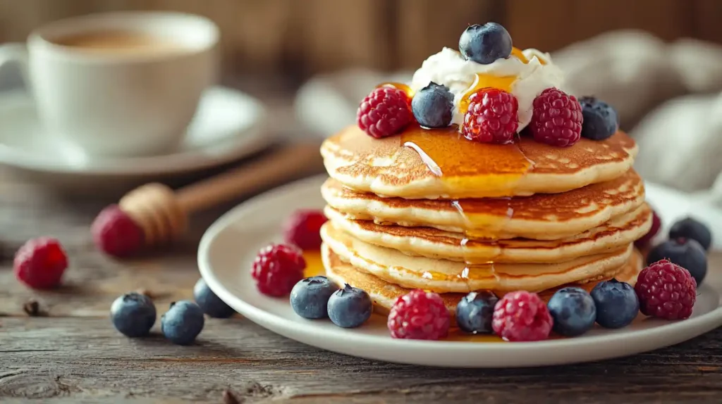 A beautifully arranged plate of sourdough pancakes topped with fresh berries, whipped cream, and a drizzle of honey.