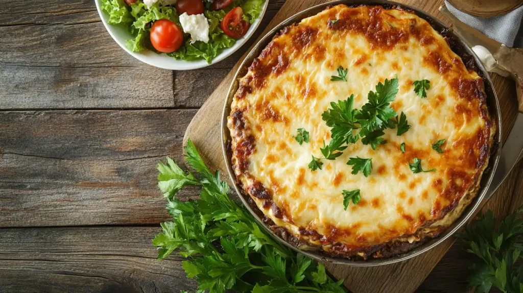 A freshly baked moussaka casserole with golden béchamel, garnished with parsley, served on a wooden table.