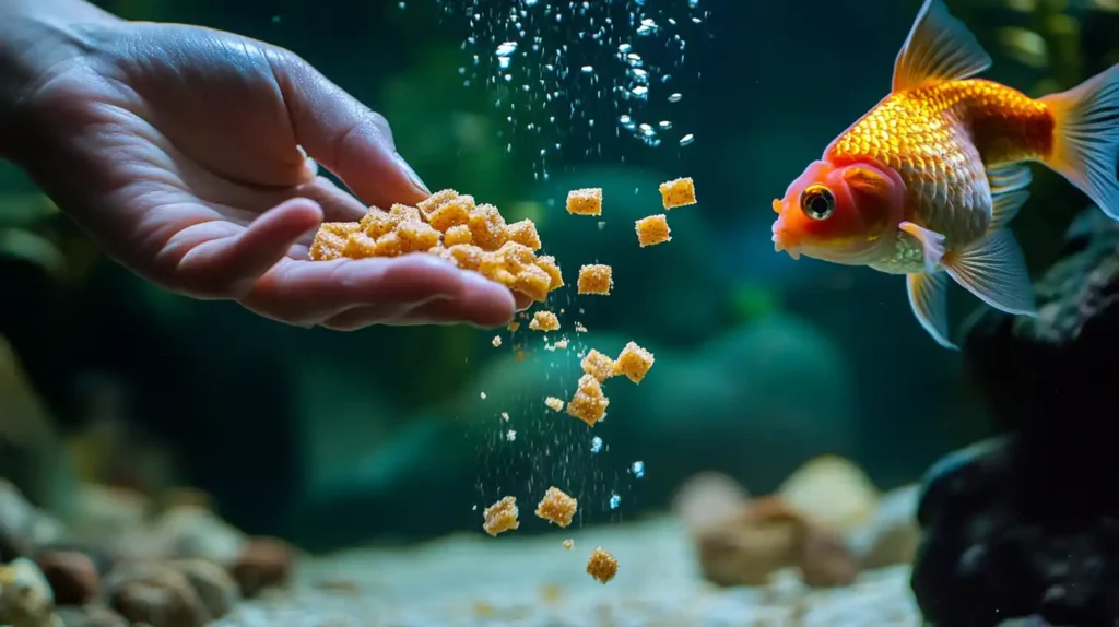 A hand feeding homemade fish food cubes to a group of vibrant aquarium fish.