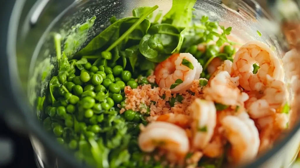 A close-up of a blender mixing shrimp, spinach, and fish meal into a smooth paste.