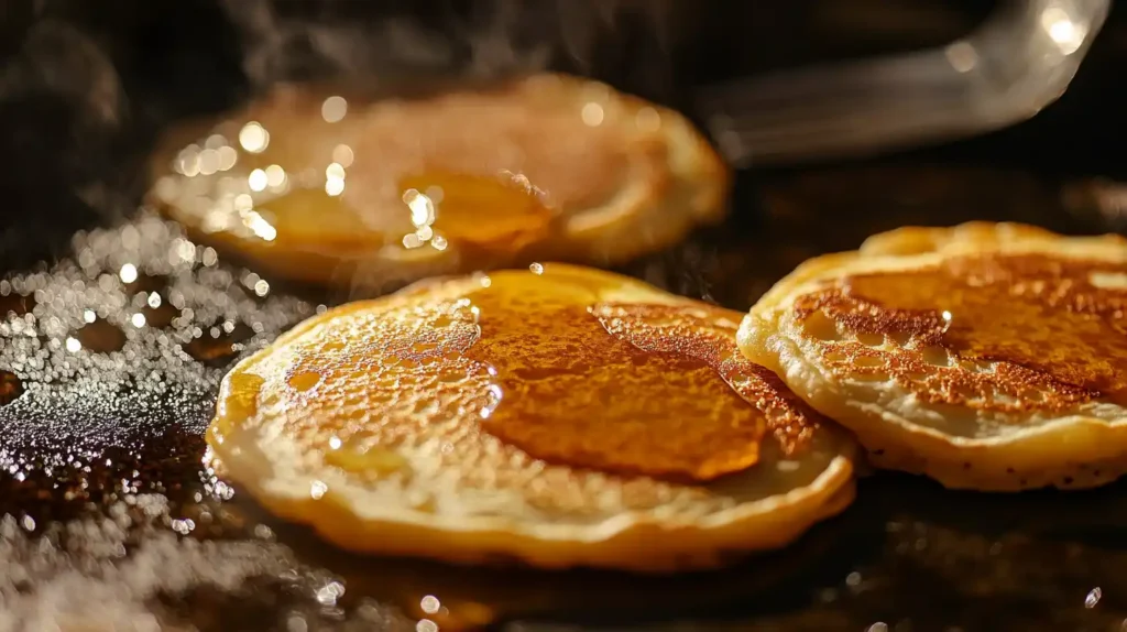A griddle with fluffy egg-free pancakes cooking, showing bubbles forming on the surface.
