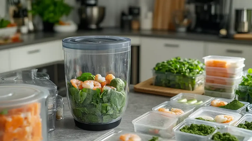 A blender with a mixture of fish food ingredients, ready to be portioned and frozen.