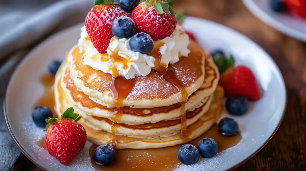 A plate of Cracker Barrel pancakes with fresh berries, whipped cream, and a drizzle of caramel sauce.