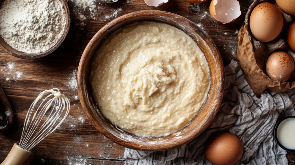 A wooden bowl filled with freshly mixed sourdough pancake batter, with a whisk resting on the side.