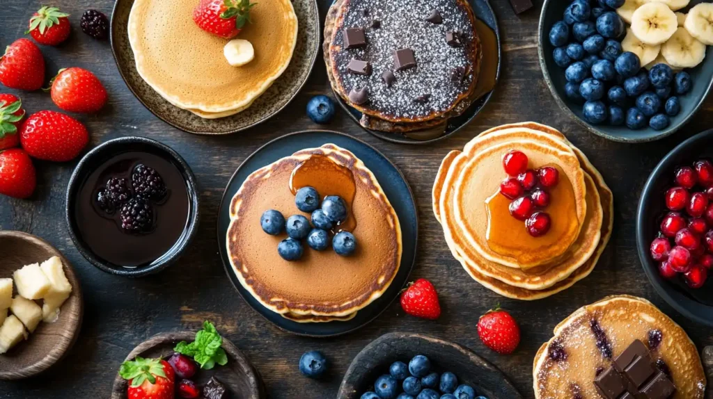 A variety of egg-free pancakes, including blueberry, chocolate chip, and cinnamon sugar, arranged on a breakfast table.