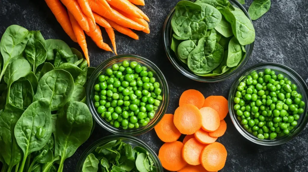 Fresh spinach, peas, and carrots prepared for homemade fish food.