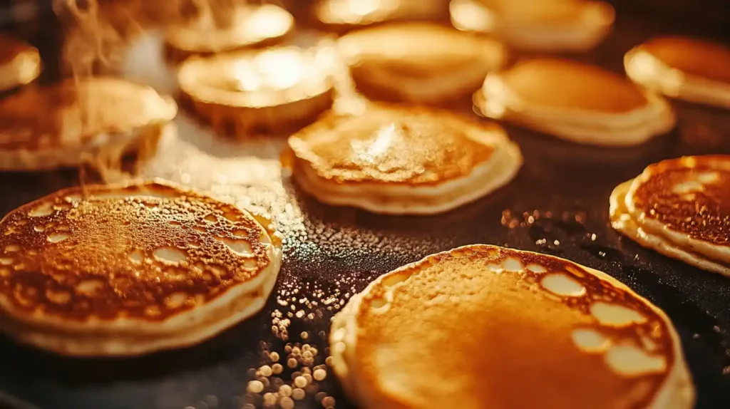 Pancakes cooking on a griddle, with bubbles forming on the surface, ready to be flipped.