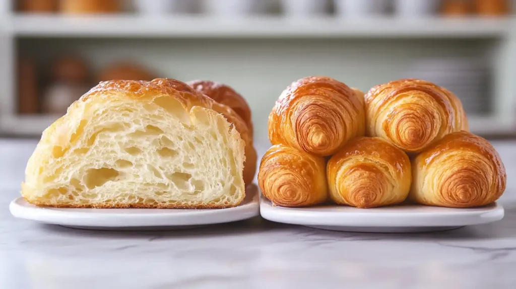 Side-by-side comparison of a Swiss Gipfeli and a French croissant, showcasing differences in texture and shape.