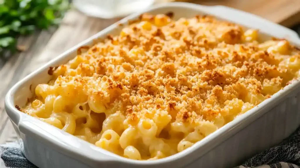 A casserole dish with baked Tini Mac and Cheese, topped with crispy breadcrumbs.