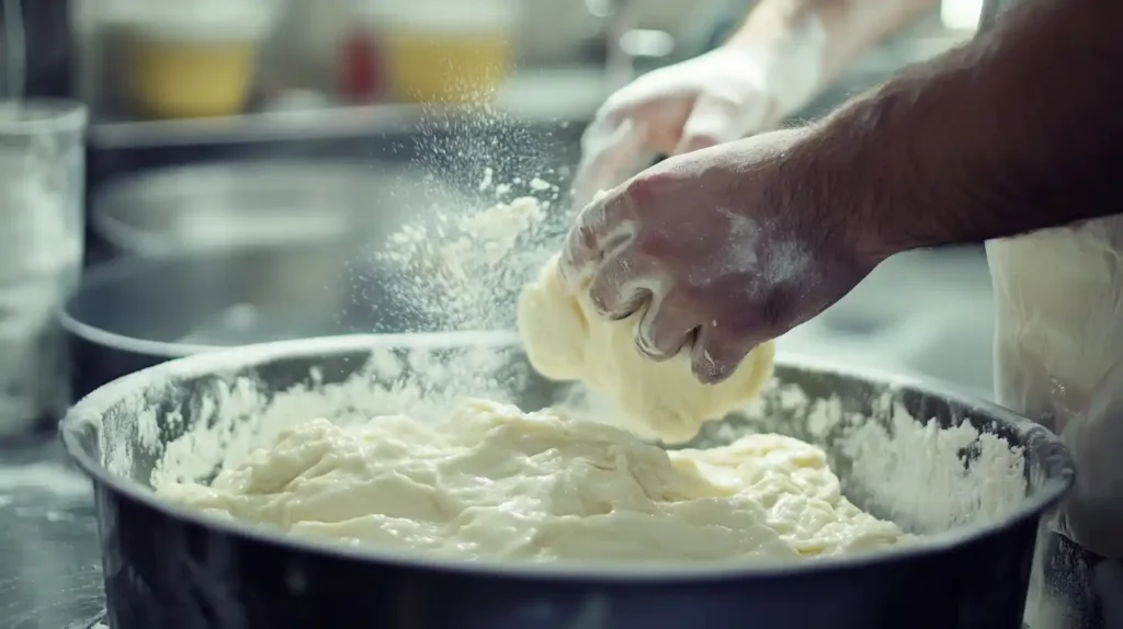 Hands kneading Gipfeli dough on a floured surface, with butter and rolling pin nearby.