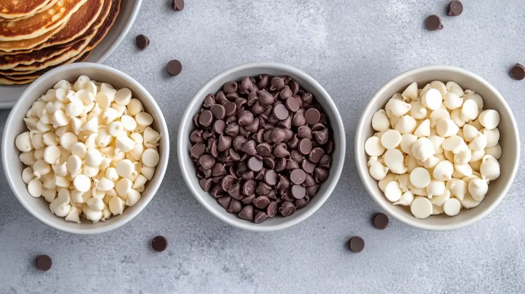 A bowl with different types of chocolate chips—dark, milk, and white—next to a plate of freshly cooked pancakes.