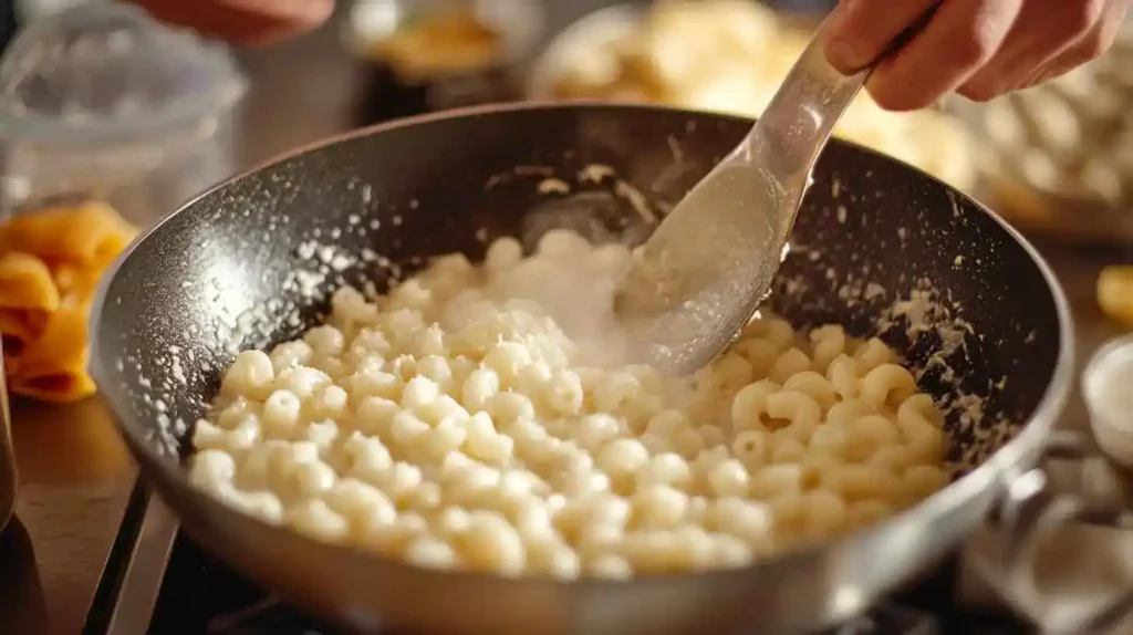 A pot of boiling water with tiny macaroni pasta being stirred.