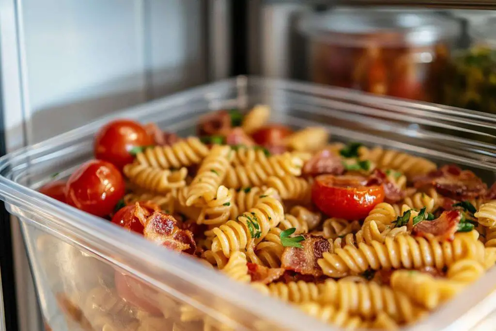 A glass container filled with leftover Bacon Tomato Pasta, ready for refrigeration.