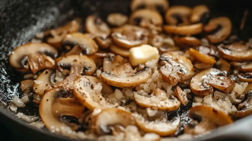 Lion’s Mane mushrooms being sautéed in a pan with garlic and butter.