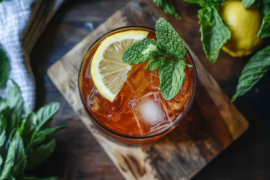 A refreshing glass of lemon balm detox tea with lemon and mint.