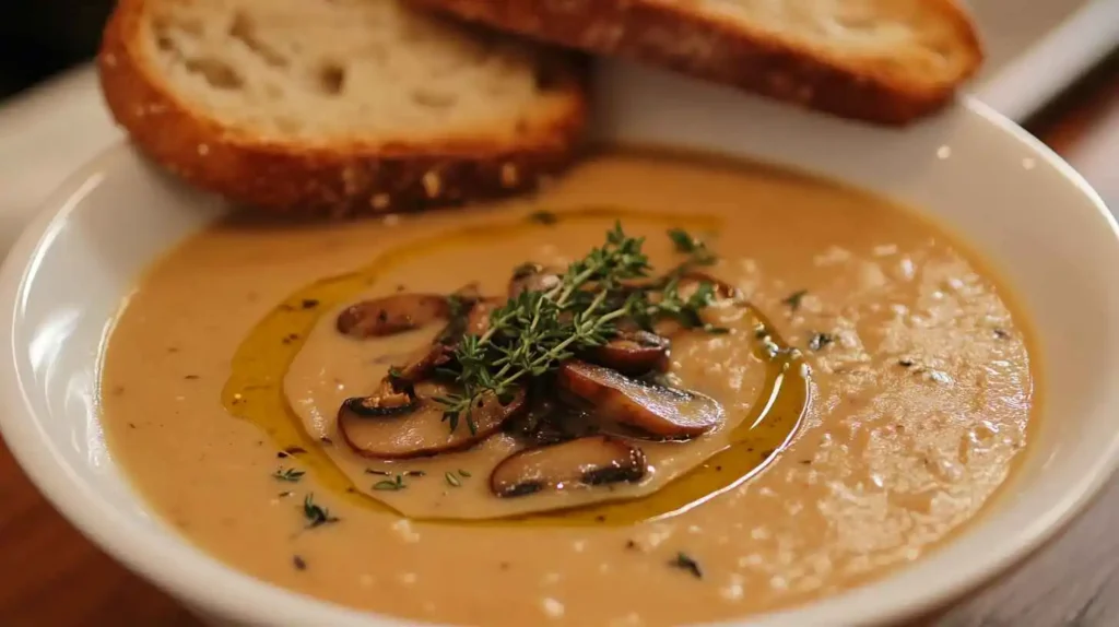 A warm bowl of creamy Lion’s Mane mushroom soup with herbs.
