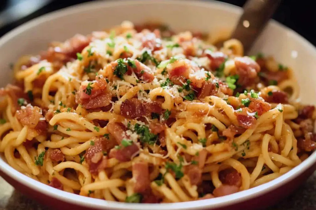 Crispy bacon sizzling in a pan, golden brown and ready to enhance the pasta dish.