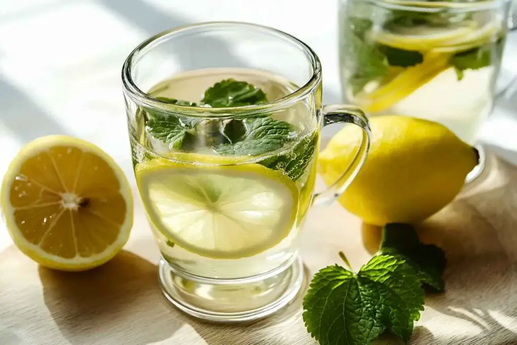 Pouring lemon balm tea into a cup, a perfect herbal drink for weight loss.